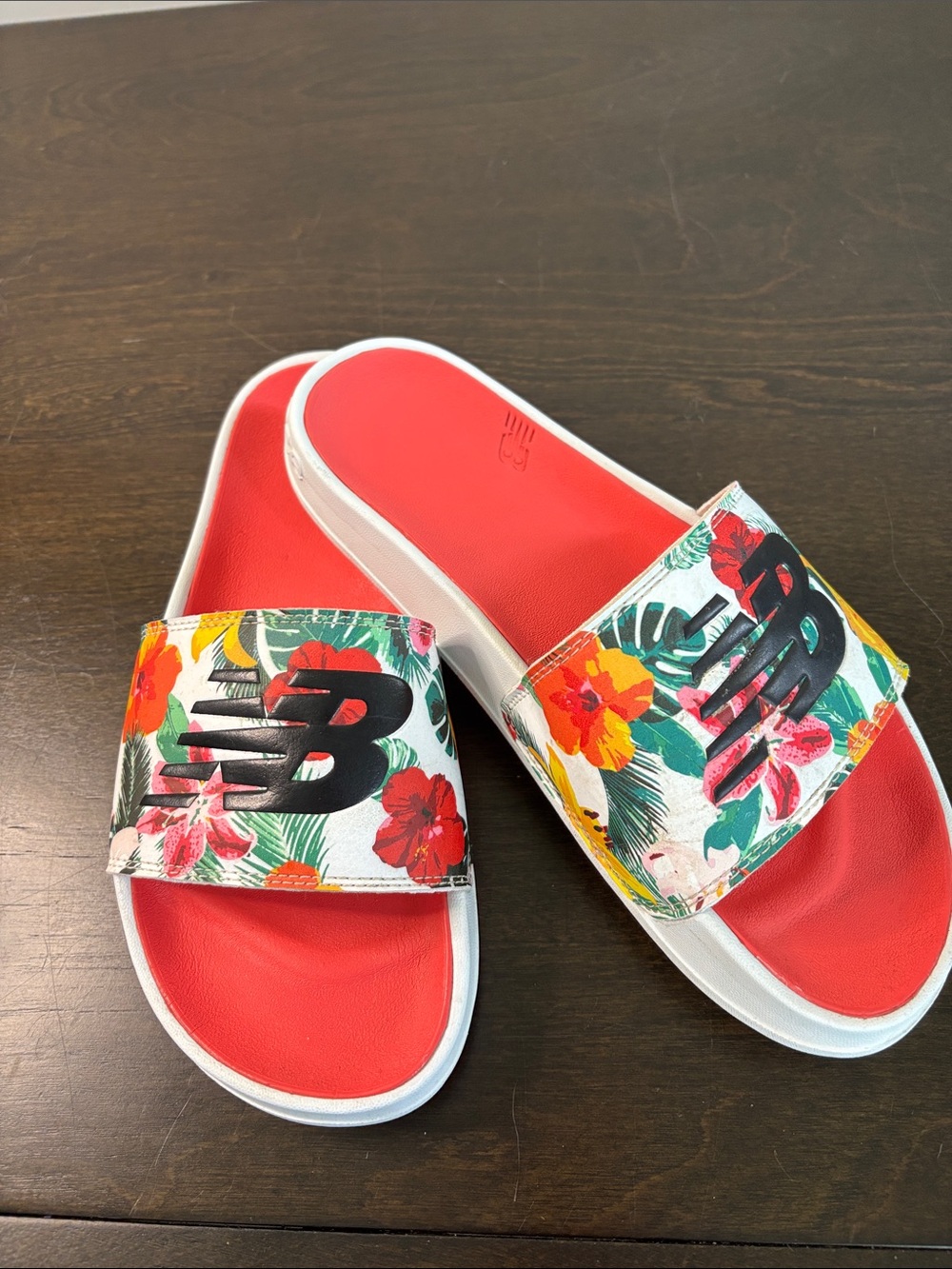 New Balance Women's Red Slide Sandals with Tropical Floral Strap Size 7